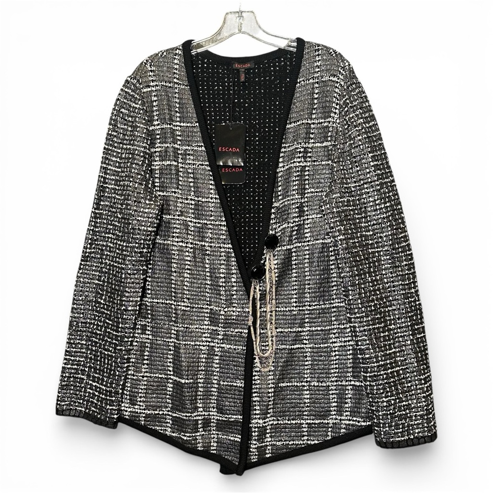 Escada 46 Cardigan Sweater Jacket Wool Tweed Boucle Knit Gray Black Old Money